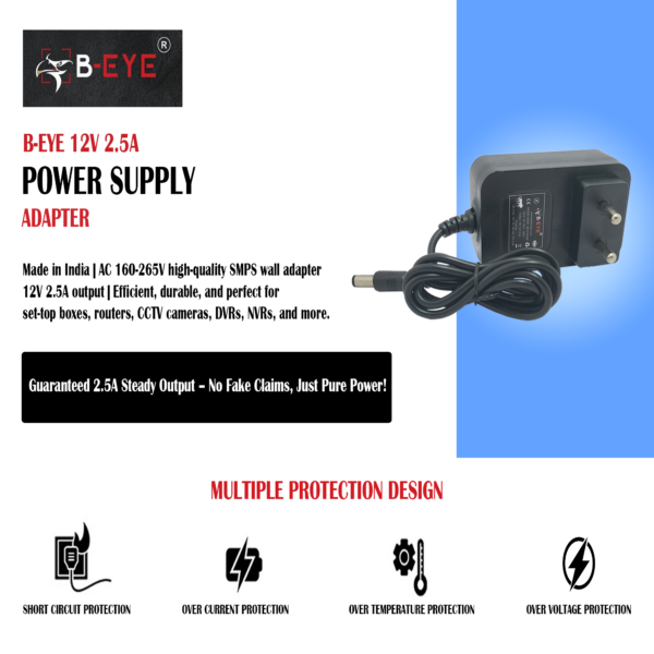 B-EYE 12V 2.5A power supply adapter for wifi router and cctv with multiple protection design including short circuit, over current, over temperature, and over voltage protection.