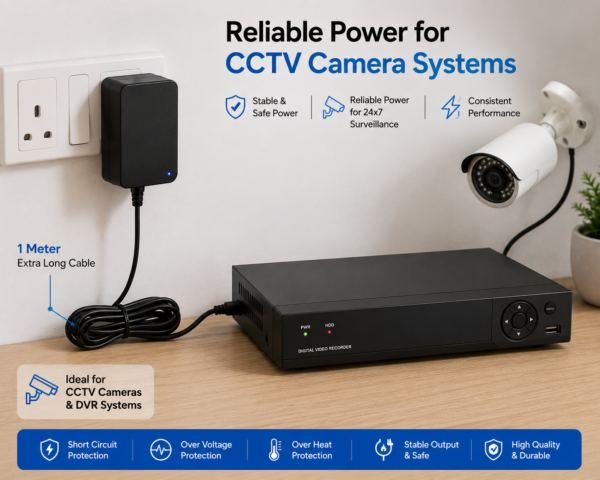 12V 2.5A power adapter connected to CCTV DVR and surveillance camera system