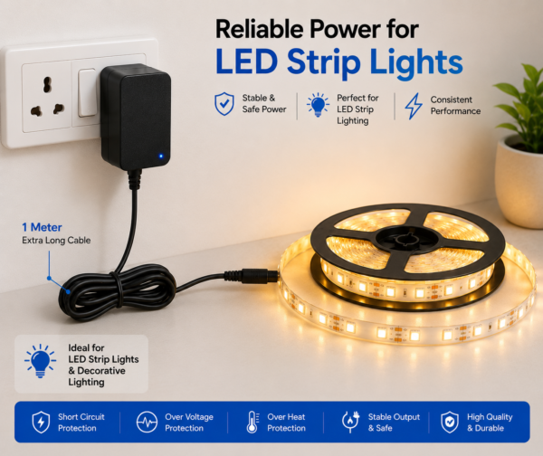 12V 2.5A power adapter connected to warm white LED strip lights for decorative lighting