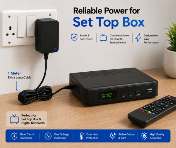 12V 2.5A power adapter connected to digital set top box for stable entertainment setup