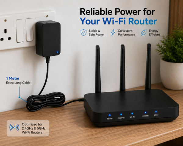 12V 2.5A power adapter connected to WiFi router with 1 meter cable for stable internet power supply