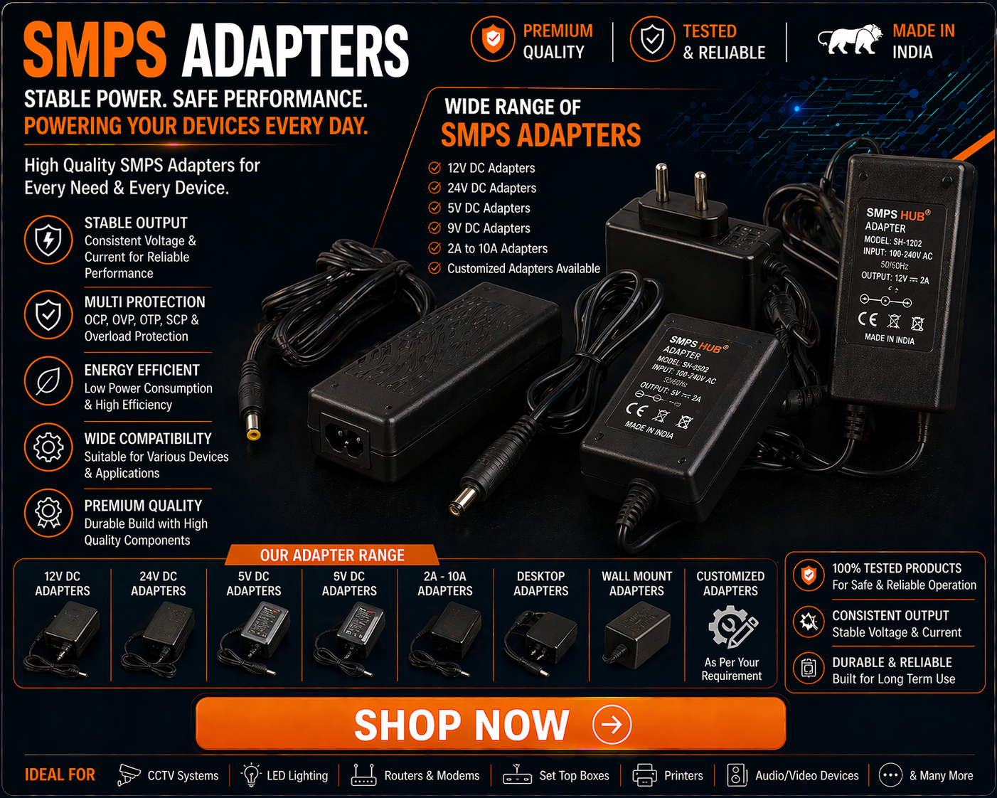 SMPS power adapter black high efficiency AC DC adapter with cable and plug for stable output