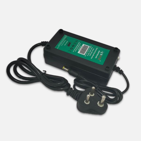 12V 2A Adapter UPS angled product view showing compact body, integrated battery backup, and DC power connector.