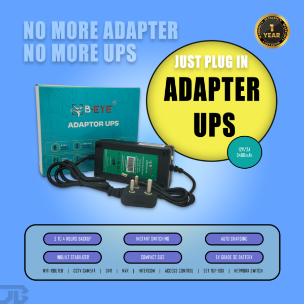 12V 2A Adapter UPS promotional feature slide highlighting instant switching, auto charging, built-in stabilizer, compact size, and long backup.