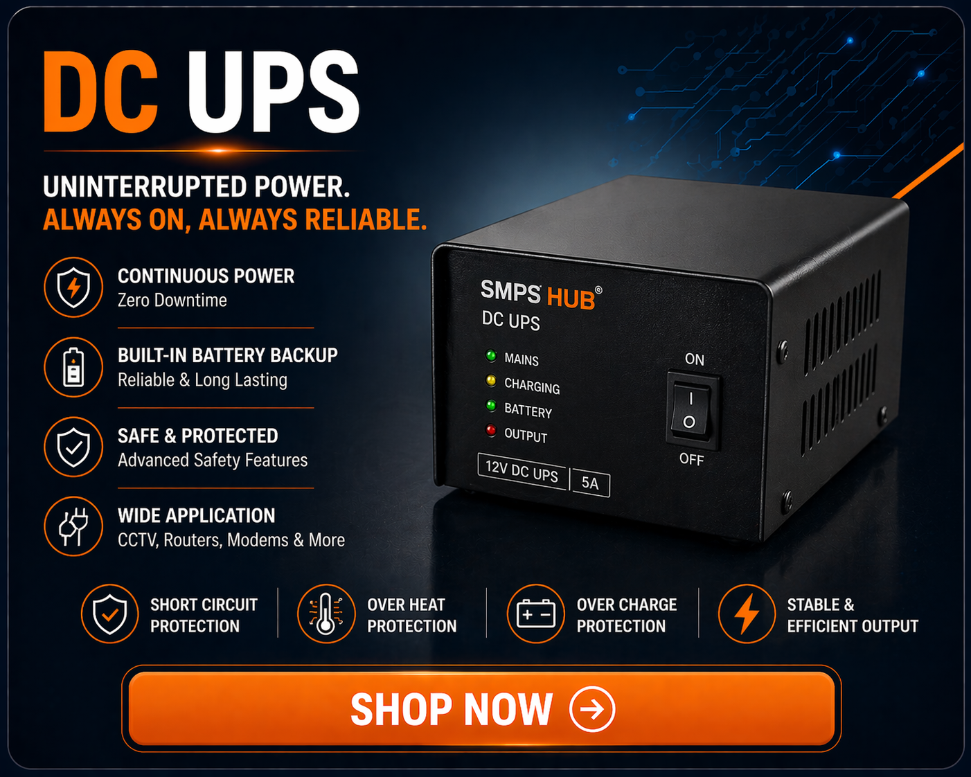 DC UPS power backup system with battery support for WiFi router CCTV uninterrupted power supply