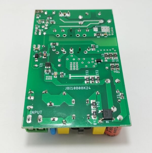 SMPS PCB board back side view showing solder joints PCB traces and circuit routing layout