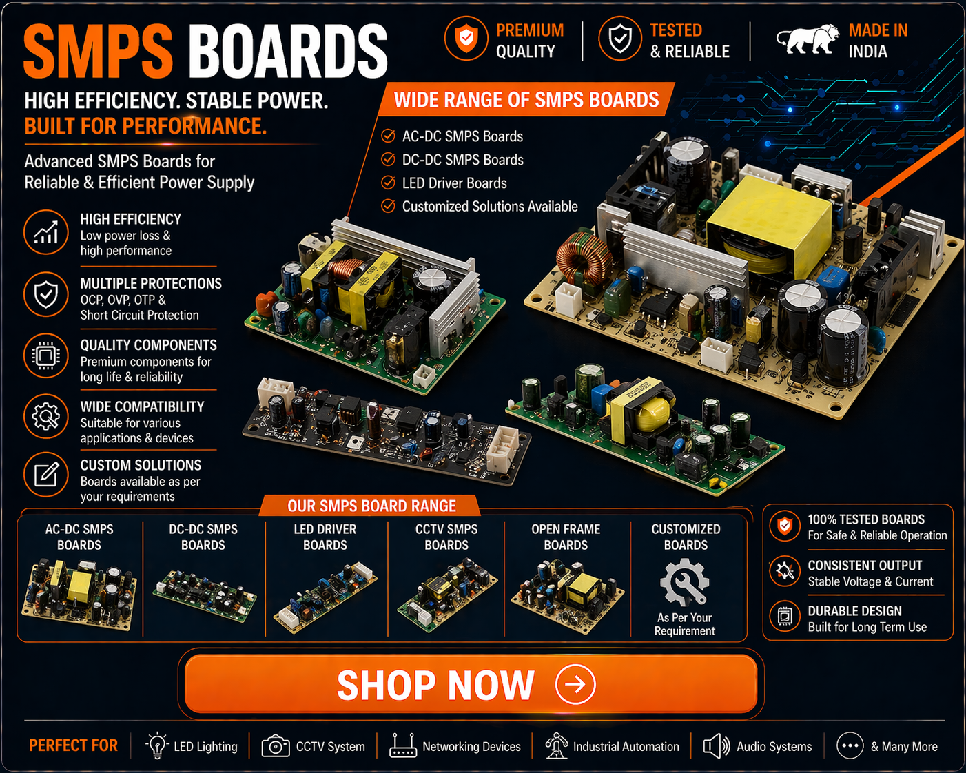 High performance SMPS board power supply module with transformer capacitors and stable output components