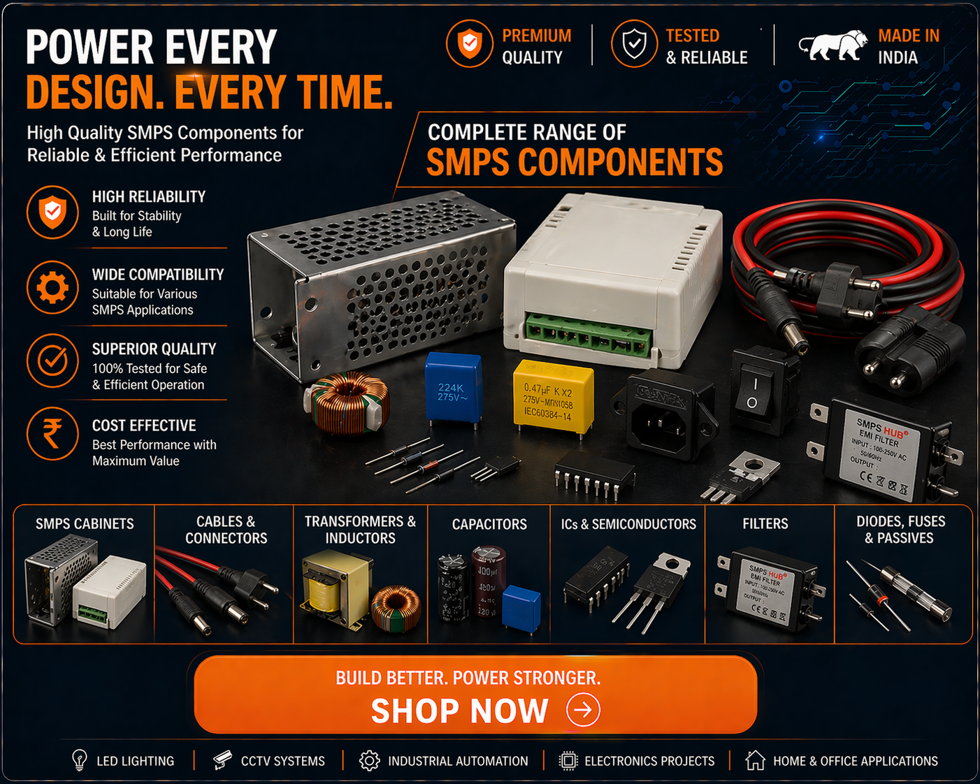 SMPS components including metal and plastic cabinets cables transformers capacitors ICs filters and electronic parts