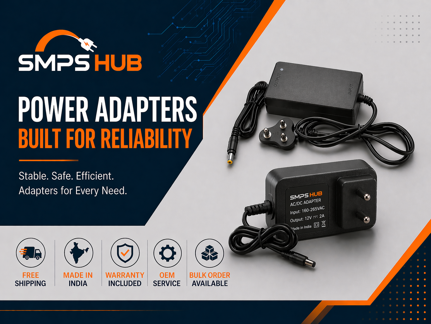 SMPS Hub 12V 2A power adapter with OEM label, AC DC adapter 160-265V input, made in India reliable power supply