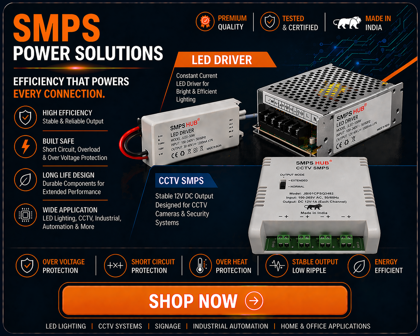 SMPS power supply Manufacturer India LED driver and CCTV SMPS module for stable DC output lighting and security systems