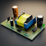 SMPS PCB board side angle view showing transformer, capacitors and output terminal block