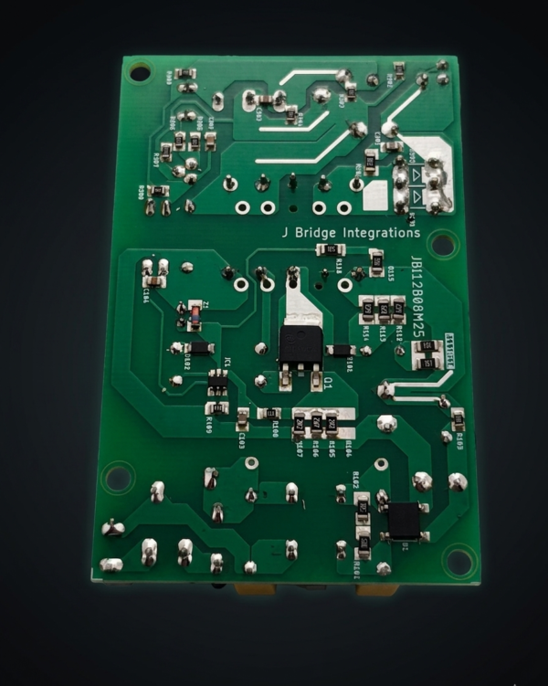 SMPS PCB board back side view showing solder joints PCB traces and circuit routing layout