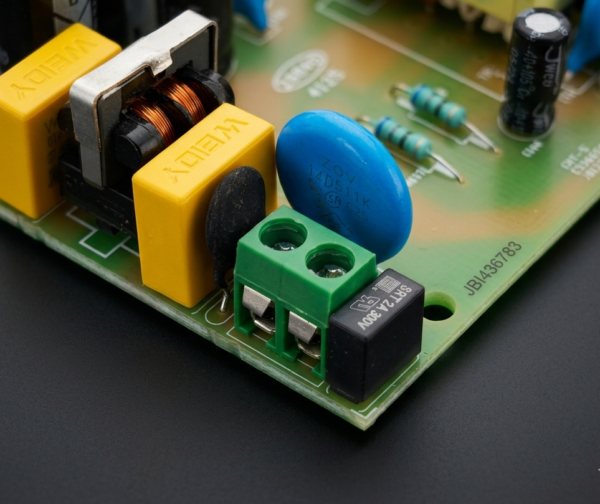 SMPS PCB input section close up showing EMI filter choke surge protection and AC input terminal