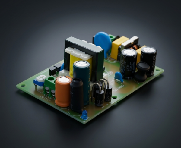 SMPS PCB board side angle view showing transformer, capacitors and output terminal block