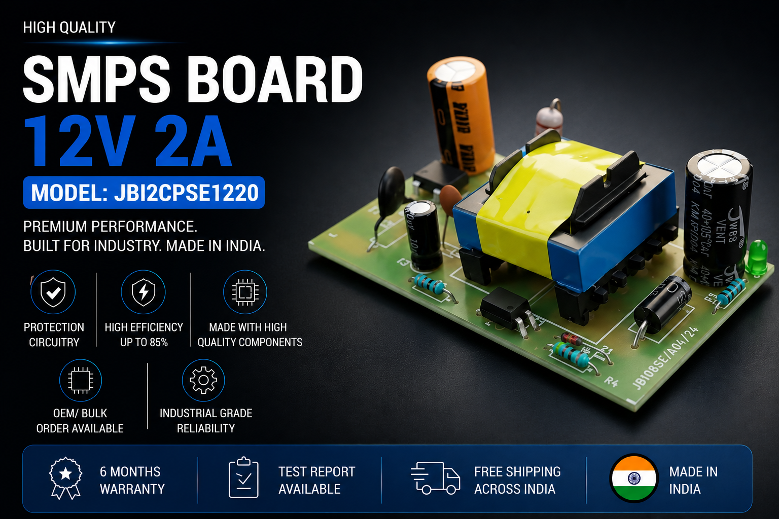 SMPS Board 12V 2A High Quality JBI2CPSE1220 | Industrial Power Supply Module SMPS Board 12V 2A High Quality JBI2CPSE1220 industrial DC power supply module made in India