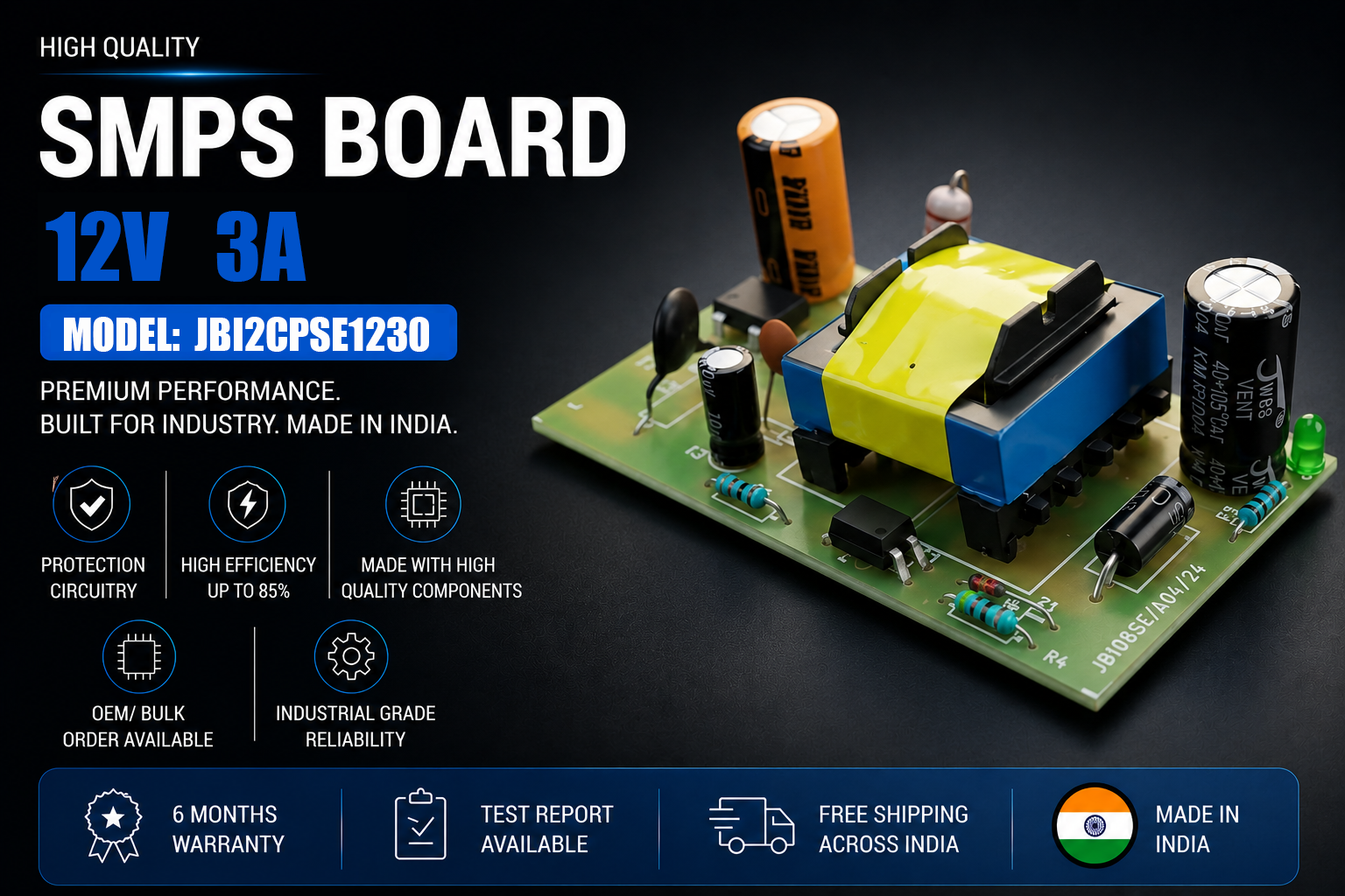 SMPS Board 12V 3A High Quality JBI2CPSE1230 | Industrial Power Supply Module SMPS Board 12V 3A High Quality JBI2CPSE1230 industrial DC power supply module made in India