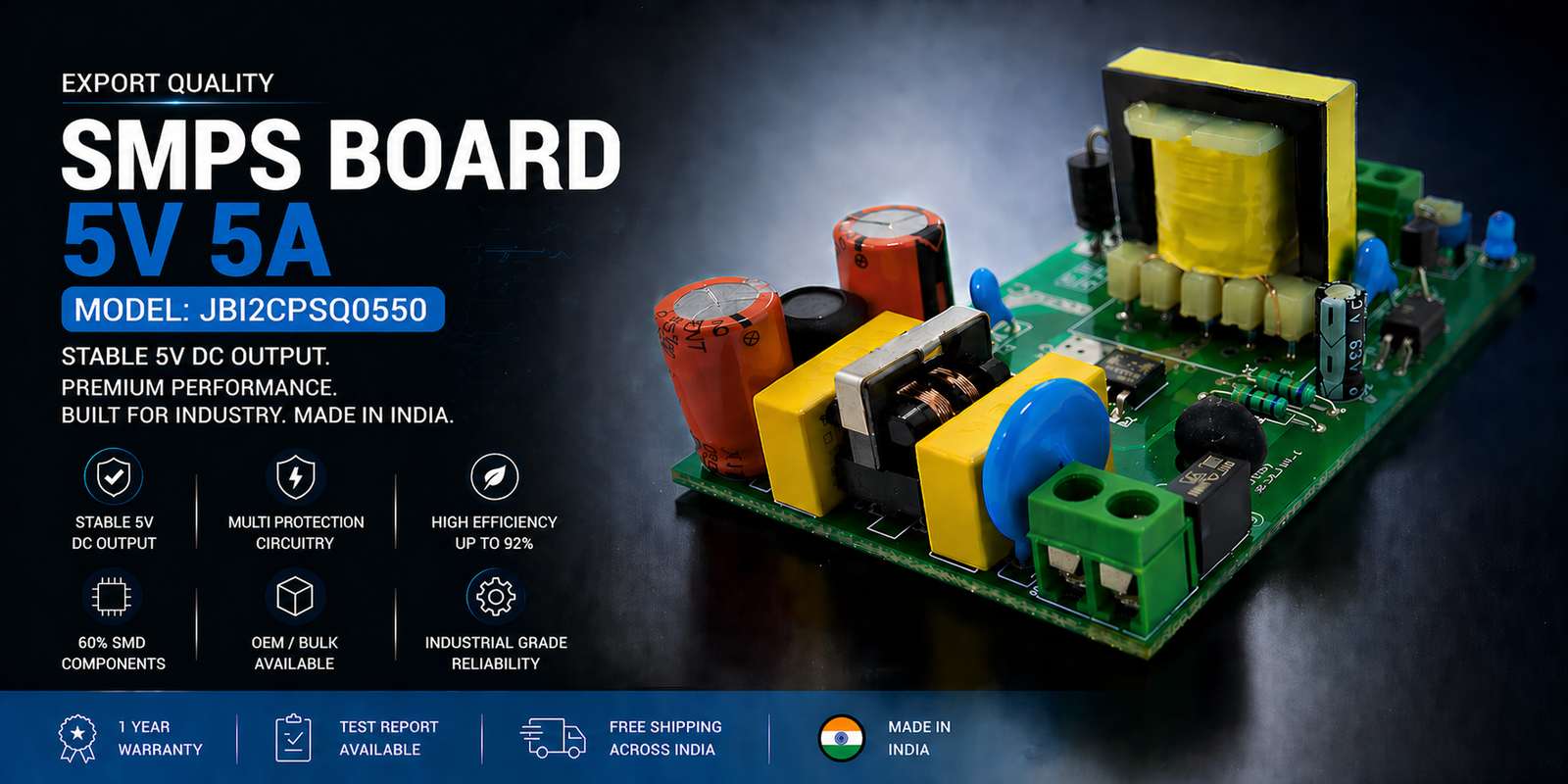 SMPS Board 5V 5A Export Quality – JBI2CPSQ0550 Premium Industrial Power Supply 5V 5A SMPS Board Export Quality industrial DC power supply module model JBI2CPSQ0550 made in India