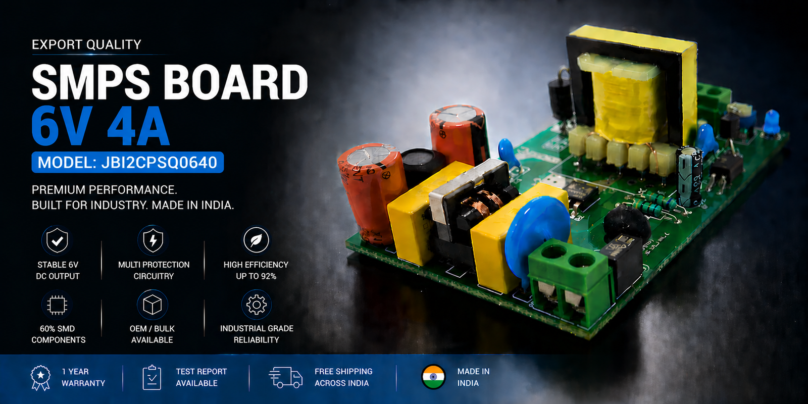 SMPS Board 6V 4A Export Quality JBI2CPSQ0640 | Industrial Power Supply Module SMPS Board 6V 4A Export Quality JBI2CPSQ0640 premium industrial DC power supply module made in India