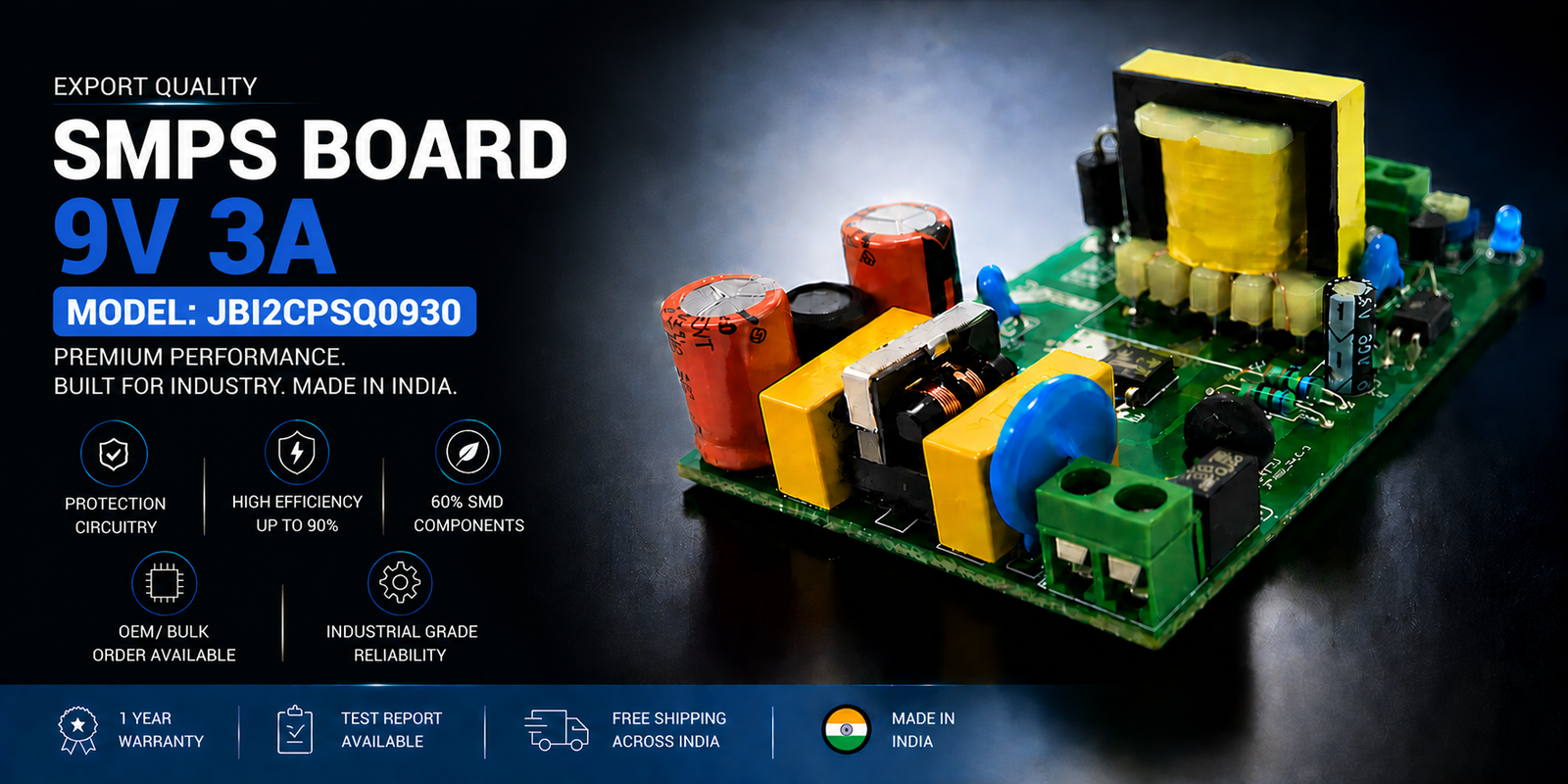 SMPS Board 9V 3A Export Quality JBI2CPSQ0930 | Industrial Power Supply Module SMPS Board 9V 3A Export Quality JBI2CPSQ0930 premium industrial DC power supply module made in India