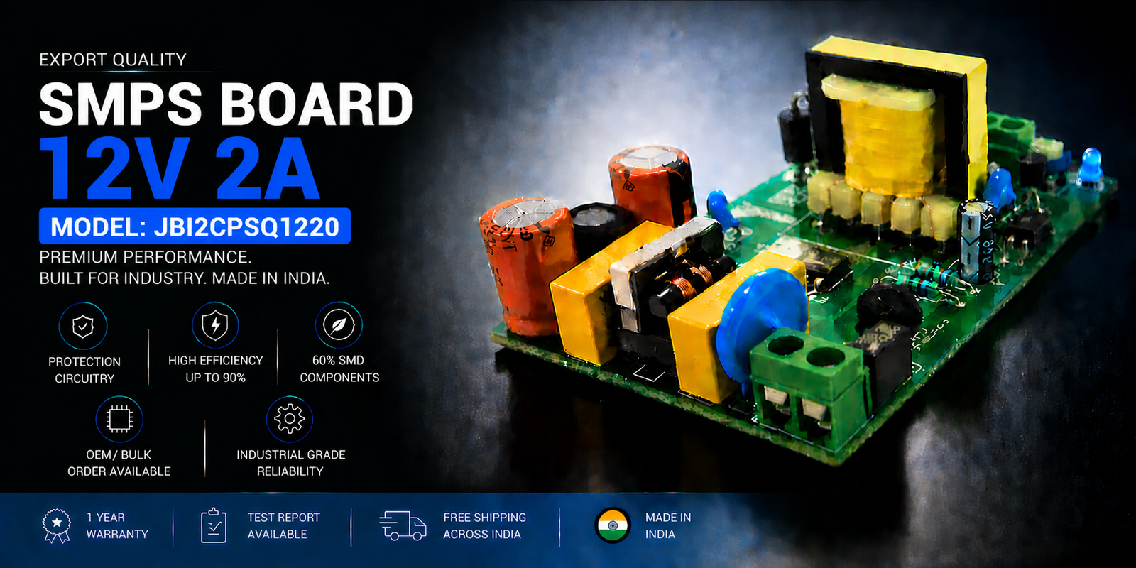 SMPS Board 12V 2A Export Quality JBI2CPSQ1220 | Industrial Power Supply Module SMPS Board 12V 2A Export Quality JBI2CPSQ1220 premium industrial DC power supply module made in India
