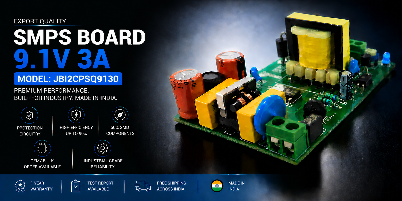 SMPS Board 9.1V 3A Export Quality JBI2CPSQ9130 | Industrial Power Supply Module SMPS Board 9.1V 3A Export Quality JBI2CPSQ9130 premium industrial DC power supply module made in India